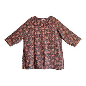 SEASONS VADODARA Women's XL Floral Top Orange Olive V-Neck 3/4 Sleeve 44"